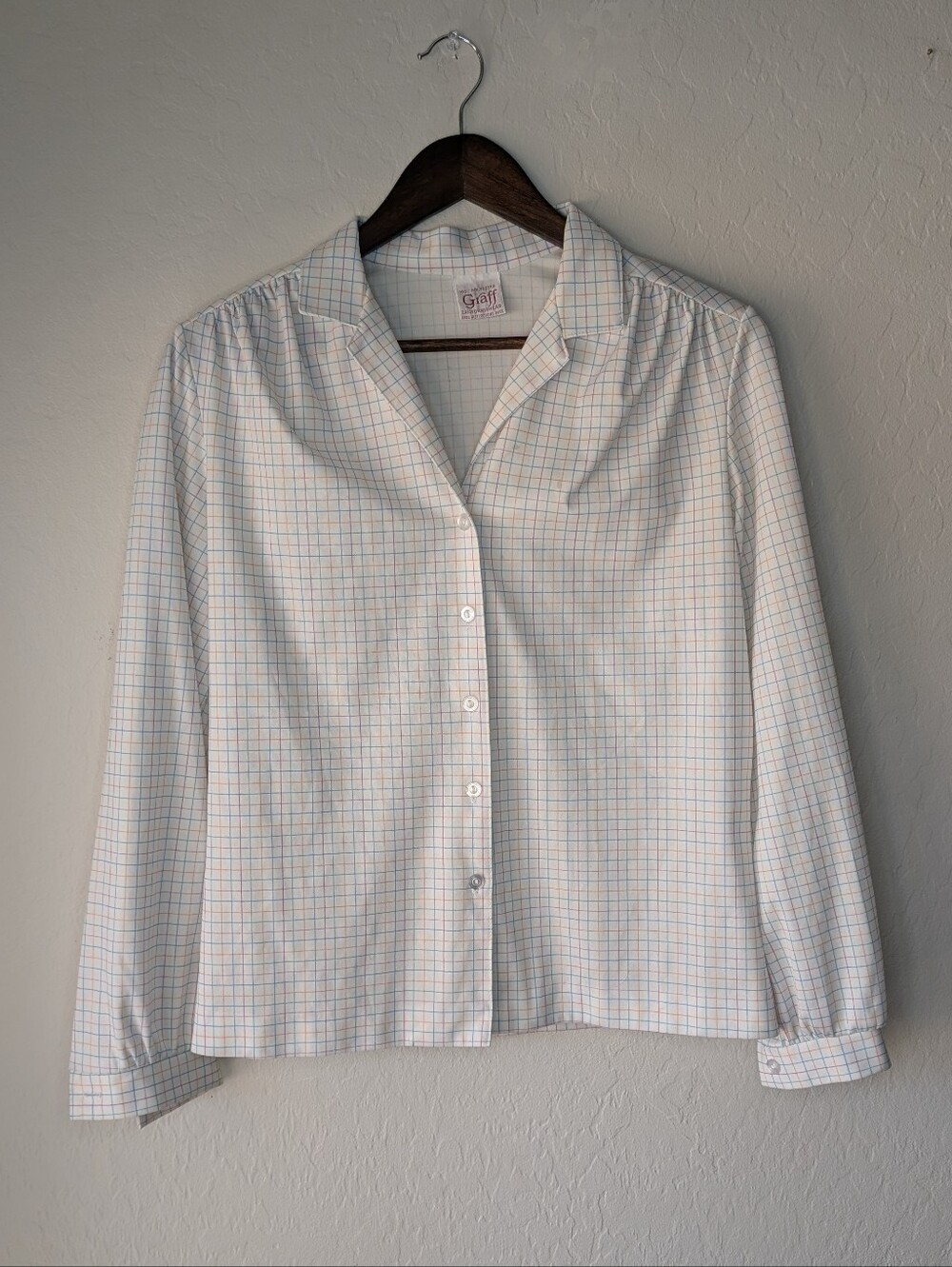 Vintage 70s Graff of California Tattersall Blouse | White Pastel Grid Check M